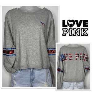 Victoria's Secret PINK “LOVE PINK” Sequin Patriotic Long-Sleeve Tee. Size Small